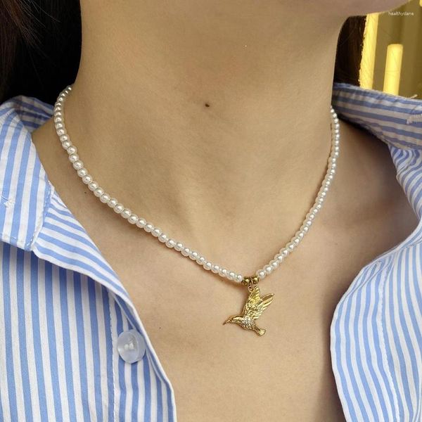 Anhänger Halsketten süße Vogel Mikro -Pave Zirkon Imitation Perlenkette für Frauen Kragen Edelstahl Verschluss Goldfarbe kostenlos Einkaufen