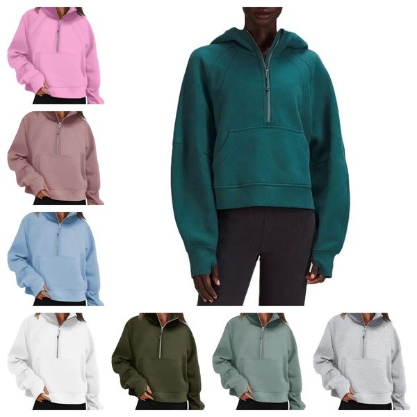 Tüp Hoodie Yarım Zip Mahsul Hoodies Kadınlar için Tasarımcılar Stand yaka sweatshirtler Kadınlar büyük boy kırpılmış sweatshirtler polar spor giyim cepleri başparmak deliği