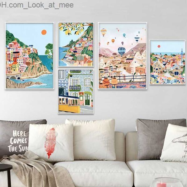 Poster de arte de parede de parede da cidade famosa moderna desenho animado da Turquia Itália português Landscape Canvas pintando sala de estar decoração de casa q230823