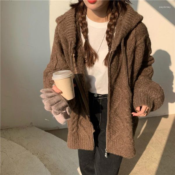 Frauen Strick Frauen Herbst Winter Übergroße Strick -Strickjacke Freizeit 2023 Kapuze Twist Sweater Reißverschluss Langarm Häkel