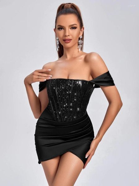 Abiti casual paillettes sexy slitta laterale mini abito bodycon abito da donna rosso nero satina