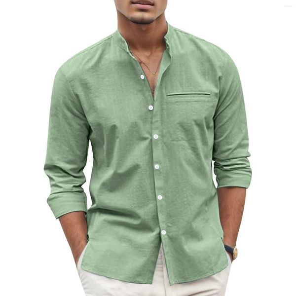 Camisas casuais masculinas verde para homens primavera e verão de cor de cor de cor de algodão sólido de manga comprida Camisas de hombre