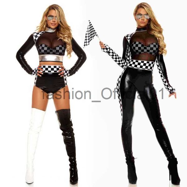 Sexy Race Girl Costume Race Carr Driver de Macuros Mulgões Black Branco Casa Plaid Halloween Mangas compridas Racing Girl Bodysuits X0823