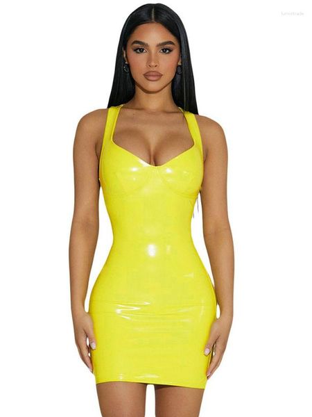 Lässige Kleider Ärmeln nass Look PVC Vestido Deep V-Ausschnitt glänzende PU-Lederkleider enge Paket Hip Minifalda Sexy Clubwear Camisole