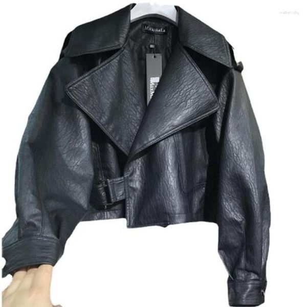 Frauenanzüge 2023 Frühling Herbst Mody Motorcycle Leder Jacke LOSS PU Kurzmantel Frauen Bluse Große Revers