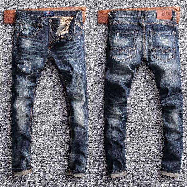 Jeans masculinos Moda de rua Men Retro Azul elástico Slim Fit Ripped Breoushers