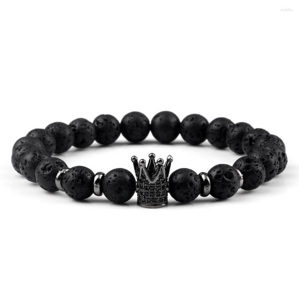 Strang trendige Männer ebnen CZ Crown Stech Armbänder 8mm natürliche schwarze Lava Stein Frauen Modemische Schmuck Pulseira Mode