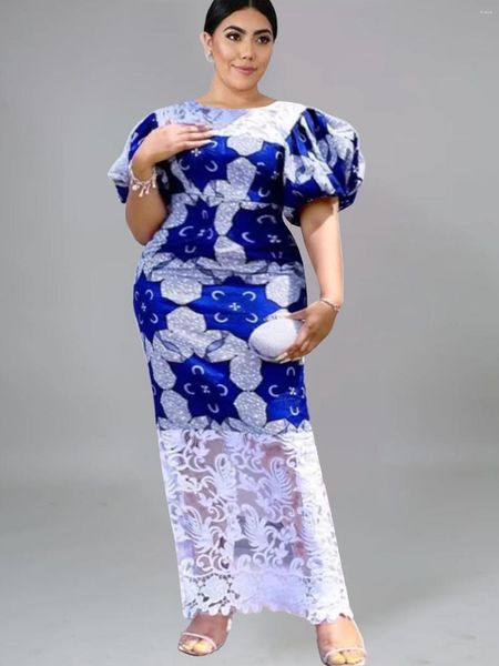 Vestidos de tamanho grande ontinva para mulheres azuis renda de retalhos o pescoço de manga curta de manga floral