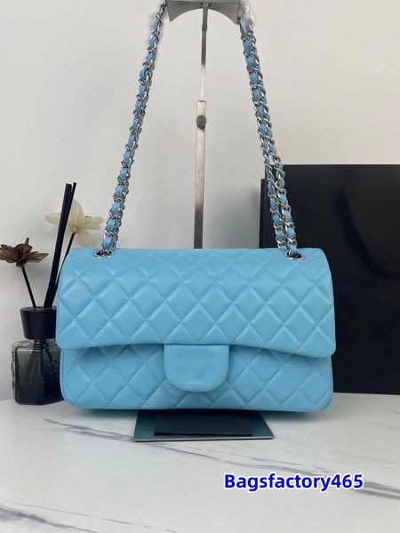 Mulheres clássicas bolsas de ombro com aba dupla colorida prata metal hardware corrente designer bolsa de pele de cordeiro diamante acolchoado luxo acolchoado patchwork corpo cruzado 25 cm