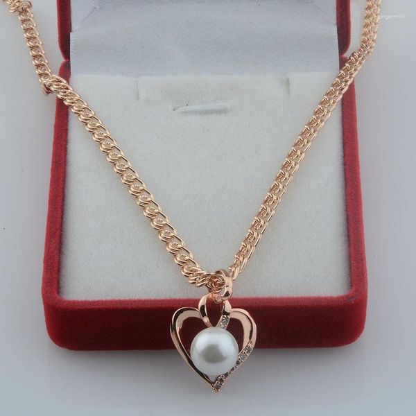 Подвесные ожерелья FJ Женщины девочки 585 Розовое золото Цвет Сердце Сердце Имутное жемчужное хрустальное ожерелье ювелирные изделия
