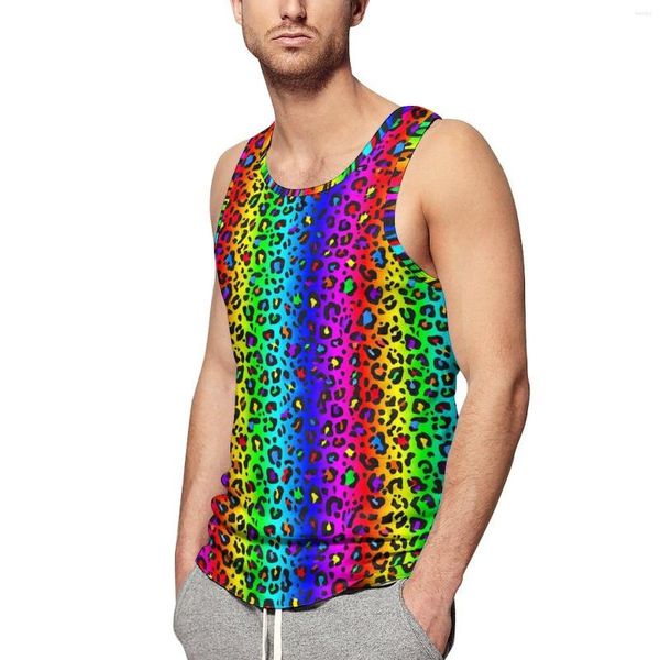 Herren Tanktops Regenbogen Top Schwarzer Leopardendruck Vintage Sommer Workout Man Design ärmellose Hemden große Größe große Größe