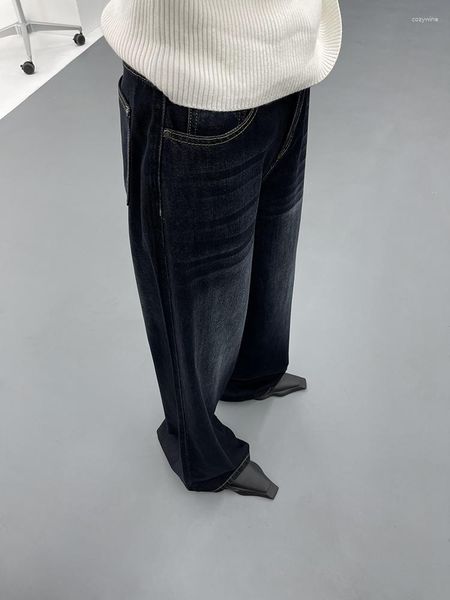 Calça feminina jeans retro pingente de algodão lavado leve largo zíper escuro zíper branco frio na altura da altura primavera e outono