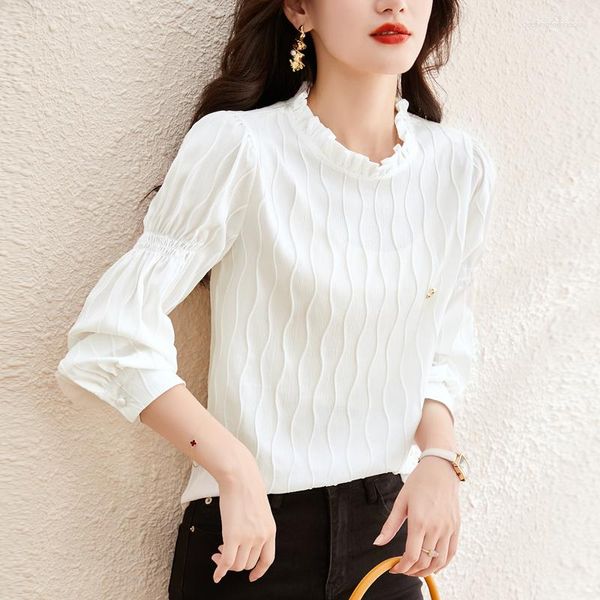 Blouses femininas Early Autumn Wave Design coreano Mulher Mulheres Ruffles Stand Collar Putfle