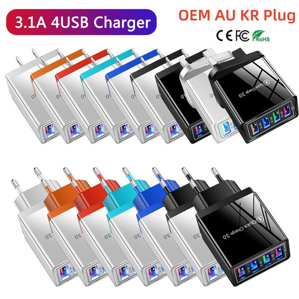 3.1a 4 portas USB Carregador rápido de carga rápida UE UK Plug QC 3.0 Carregamento de parede para iPhone 14 13 12 Samsung Xiaomi Travel portátil Cabo celular CARREGADO Adaptador de carregamento