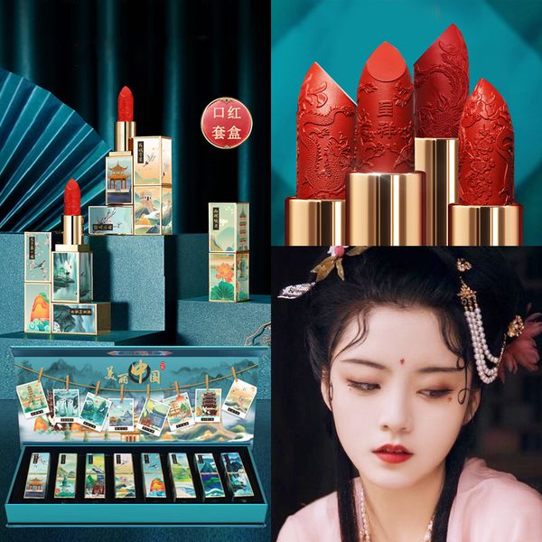 Lipstick 8pc/conjunto batom clássico Caixa de presente de vestido vermelho chinês vintage pura saturação de alta gravação colorida ano de maquiagem de presente de presente 230823