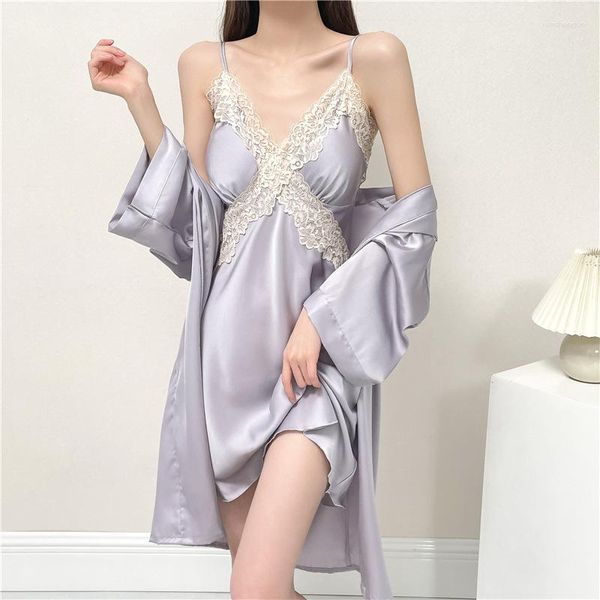 Frauen Nachtwäsche 2 Stücke Frauen Robe Set Spitze Nachthemen Loungewear Sommer Kimono Kleid Schlafanzug Satin Bademant