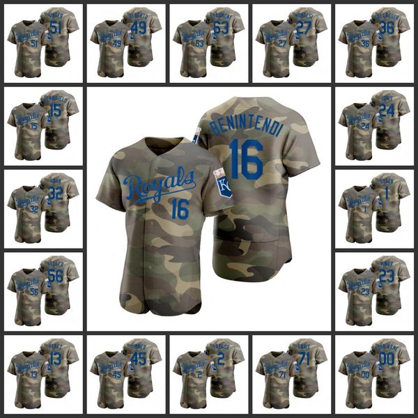 Kansas City''Royals''Men Mulheres Juventude Salvador Perez George Brett Salvador Mike Sweeney Mike Minor Personalizado Camo Autêntica Camisa do Dia das Forças Armadas