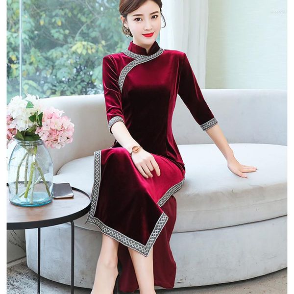 Partykleider Gold Samt Cheongsam Kleid Laufsteg Lange Frauen Vestidos Slim Chinese Daily verbessert 2023