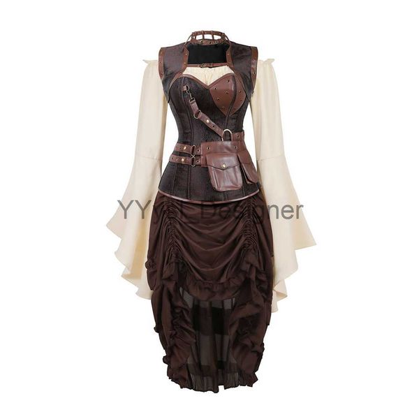 Vestido de espartilho steampunk de três peças tiras de aço pirata camisa de osso de aço zíper medieval