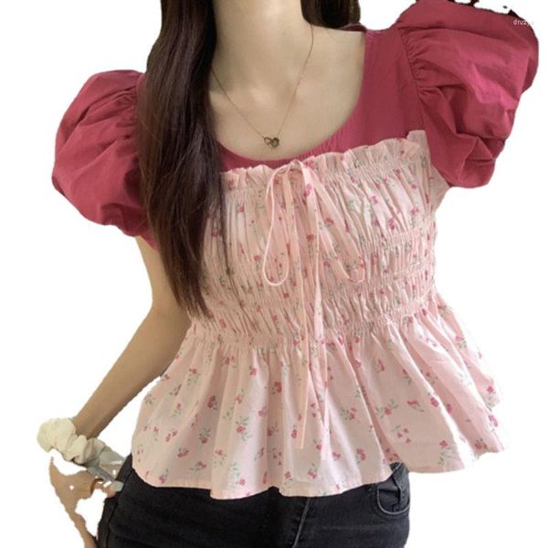 Damen T -Shirts Puffärmel rosa Chiffon -Hemd für Frauen Kurzer Sommer Süße Taille Trimming Top Chic Schöne kleine 2023