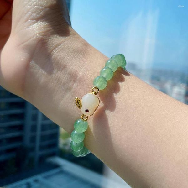 Braccialetti di fascino Rainbery artificiale bracciale in giada perle di cristallo verde perline intrecciate a mano Gioielli elastici ragazze femminili retrò