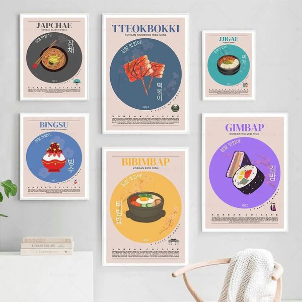 Tela dipinto di cibo da cibo coreano arte nordica kimchi tteokbokki cartone animato poster cucina e stampe per pareti foto cucina sala da pranzo decorazione ristorante no tela wo6