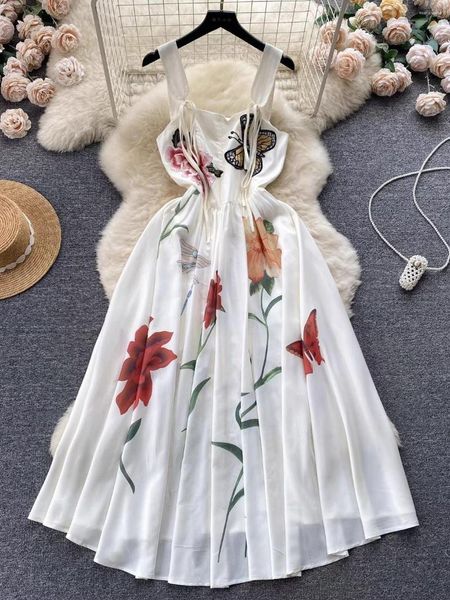 Sıradan Elbiseler Yaz Muhteşem Kelebek Çiçek Nakış Elbise Kadın Boyun Tavası Spagetti Kayışı Çiçek Baskı Pamuk Keten Tatil Uzun