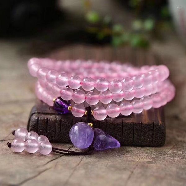 Strand Joursneige rosa Bracelets de cristal natural de 6 mm de contos redondos com pulseira de pendente roxa moda multicamada para jóias femininas