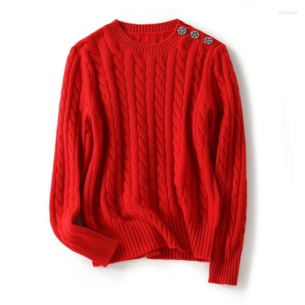 Frauenpullover Pullover Frauen hochwertiger Kaschmir warmer Winter Pullover Knopf Freizeites O-Neck A-STRAIGHT KOREAN MODEMODEN