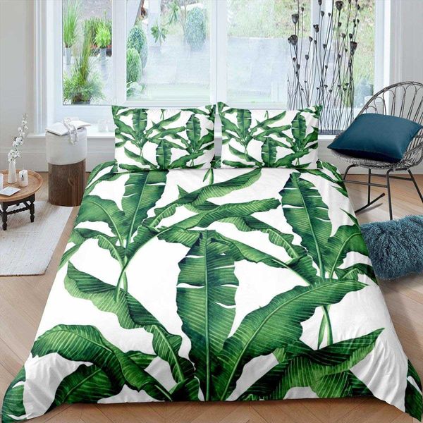 Set di biancheria da letto Copripiumino con foglie Set completo di biancheria da letto con foglie di banana Foglie tropicali Rami verdi Copripiumino 2/3 pezzi