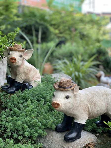 Gartendekorationen kreative Persönlichkeit trägt einen Hutstiefel süße Schwein Villa Dekoration Gartenharz Tier Ornamente