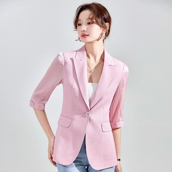 Damenanzüge Anzug Jacke Summer Style Mode weiß sieben Punkte Sleeve Office Ladies Casual Short Absatz Baumwolle Blazer