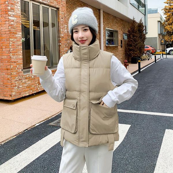 Coletes femininos de algodão gola stand-up bolsões de colarinho de inverno jaqueta sem mangas de inverno coreano casual casaco solto cardigã preto branco