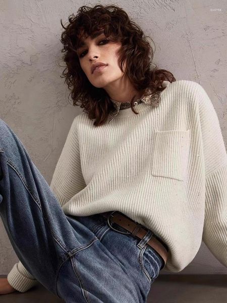 Kadın Sweaters Sonbahar Örgü Sıradan Gevşek Fit Kaşmir Kaşmir Kış Kış Yünü Top's B C Pocket Parlak Pullu Lüks Tasarım