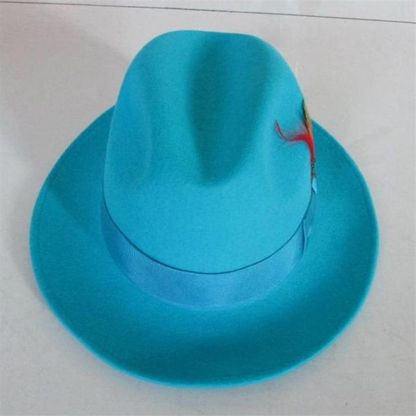 Fedoras Fedoras Wool Cap masculino Lago Blue Jazz Classic Light Felt Fedora Hat godfather Cowboy B-8119 Wide Brim Hats295o