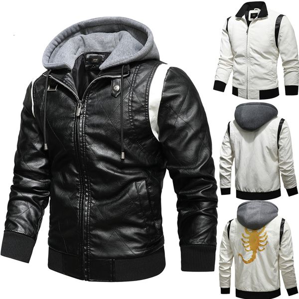 Trench de trincheira masculino Autumn Winter Bomber Leather Jacket Men Men Scorpion Bordado Jaqueta com capuz PU Motocicleta de couro Ryan Gosling Jaqueta 230822