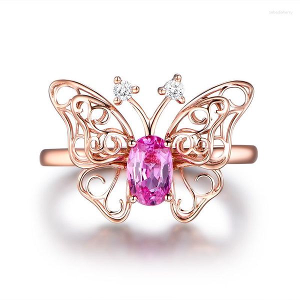 Anéis de casamento S925 Silver Ring Moda Hollow Out Butterfly Simulation Pink turmaline colorido gemstone feminino jóias