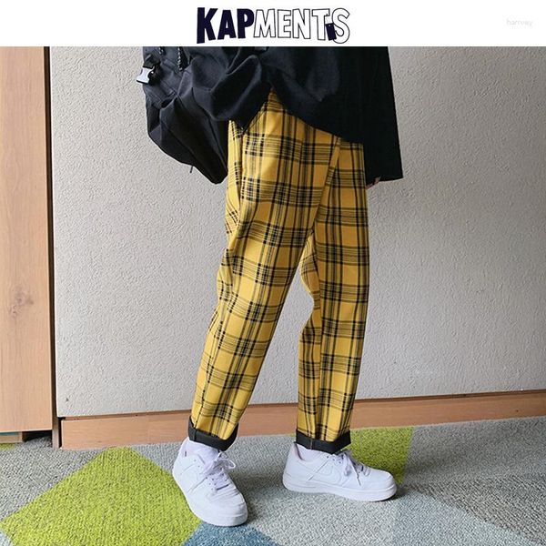 Мужские брюки Kapments Streetwear Желтая пледа мужчины бегают 2023 мужчина повседневная прямая гарема корейская трасса хип -хоп плюс плюс размер