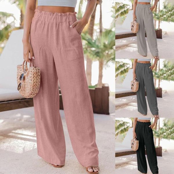 Calça feminina de cintura elástica casual misturada com bolsos palazzo color hold h line solto ajuste diário roupa mujer