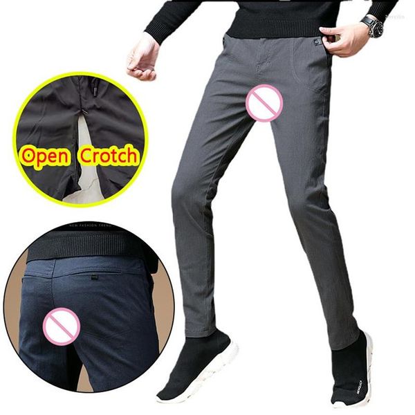Мужские брюки Мужчины Открыть промежуточную сексуальную Корея Скрытые молнии Гей -дырочные брюки y2k носить осенние секс -джинсы без промежности на открытом воздухе332