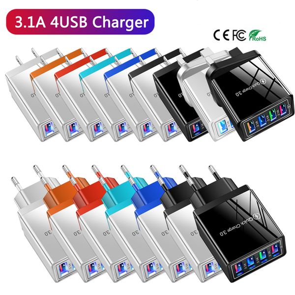 3.1a 4 порты USB Quick Charger Fast Charge Eu US UK Plug Plug QC 3.0 Зарядка стены для iPhone 14 13 12 Samsung Xiaomi Mobile Plug Adapter Adapter