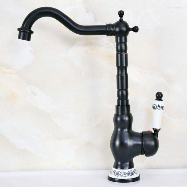 Küche Wasserhähne Schwarzöl Rubbed Messing Ein Keramikblumengriff Badezimmer Becken Waschbecken Wasserhahn Mixer Tap Drehspoutdeck montiert mnf657