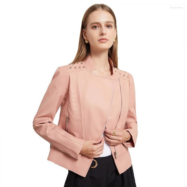 Design de rebite de rua de couro feminino Pu Jaqueta Pu Mulheres Autumn lapela de manga longa Slim Motor Bike Coat S658