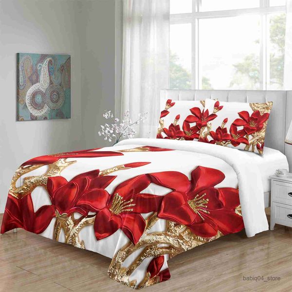 Bettwäsche -Sets Modern luxuriöser roter Blume Diamant Schwan Gold Bettwäsche Sets Bett Bettdecke und Deckung R230823