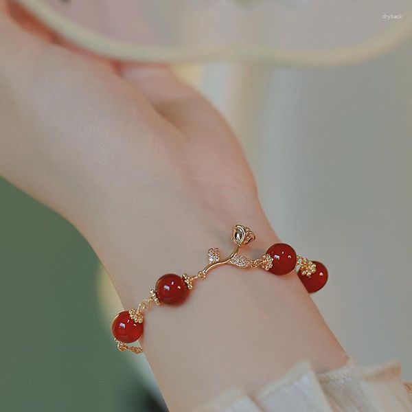 Pulseiras de link vintage rosa de pedra vermelha natural para mulheres temperamento cor dourado colorido de pulseiras de aço de jóias de jóias presentes