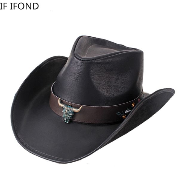 Chapéus de aba larga Chapéus de balde 100 homens de couro Homens Western Cowboy Hat Wide Brim Sodfather Gentleman Church Sombro Hombre Jazz Cap 230822