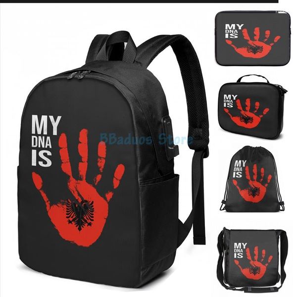 Backpack Funny Graphic Print Albânia Bandeira Meu DNA é Albana Albana USB Charge Men Bags Escola Mulheres Bolsa Viagem Laptop