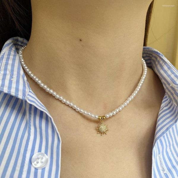 Collane a sospensione simpatiche girasoli imitazione collana perla per donna colletto inossidabile in acciaio inossidabile color chiusura rame zircone