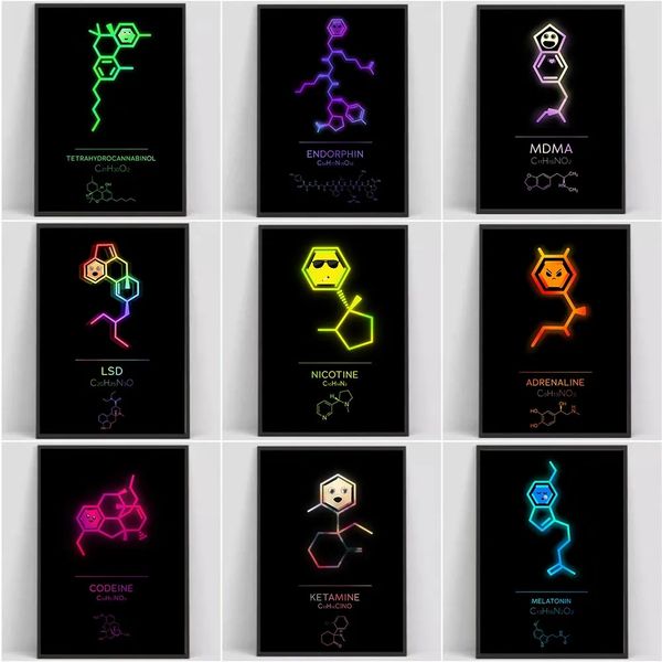 Leinwand Malerei lustiges Neon Chemie Koffein Oxytocin Funny Dopamin Line Poster Drucke Wandkunst Bilder für Wohnzimmer Schlafzimmer Wohnkultur wo6