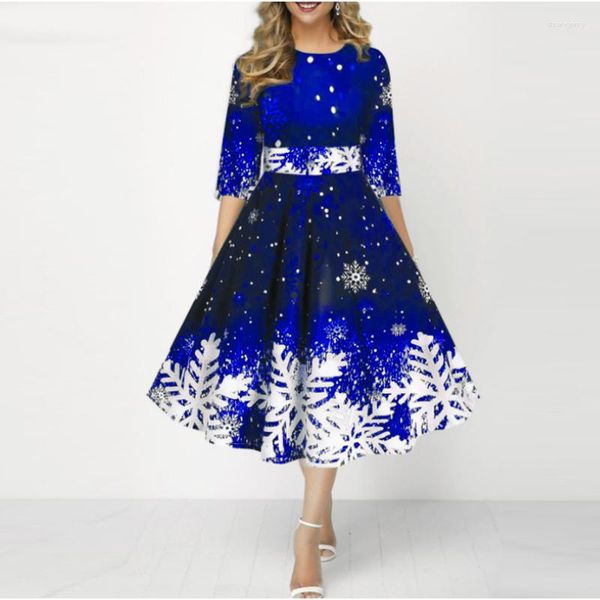 Abiti per feste Donne Women Christmas Medive Stamping Abito a metà lungo lunghezza Spring Autumn O-Neck High Warist A-Line Ladies Festive Vestido